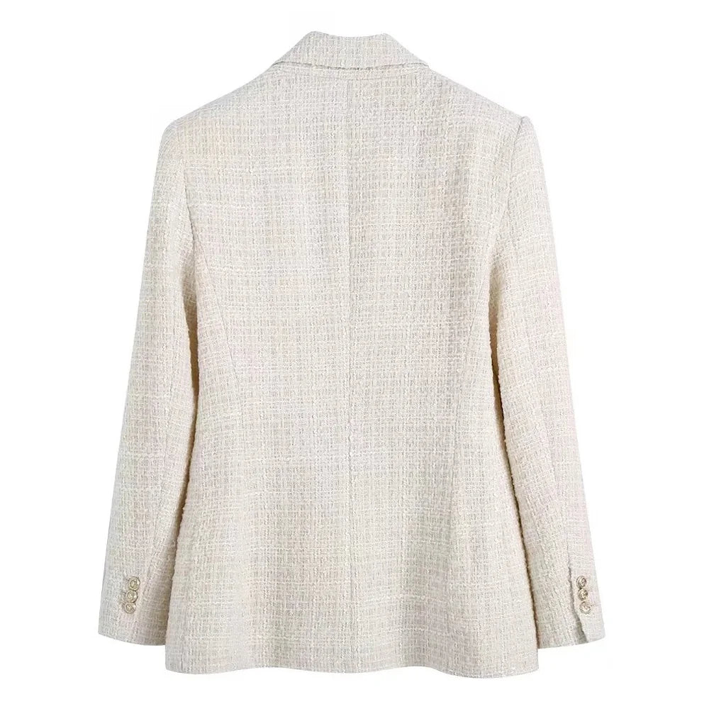 TRZA Women Fashion Tweed Double Breasted Blazer Coat Vintage Long Sleeve Flap Pockets Female Outerwear Chic Veste Femme