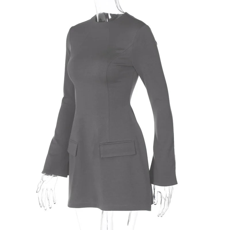 Hugcitar 2024 Spring O Neck Long Sleeve Solid Patchwork Zip Up Sexy Bodycon Mini Dress Women Fashion Outfits Birthday Party Y2K