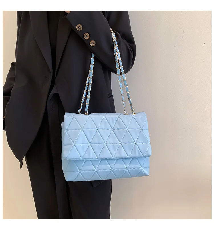 Fashion Blue Pu Flap Bag Golden Large Capacity Niche Geometric Handbag Women's Bag Embroidery Thread Metal Chain Shoulder Bag