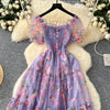 Elegant Slash Neck Vintage Short Puff Sleeve Chic Print Slim Chiffon Dresses French High Street Evening Autumn Mesh Clothing