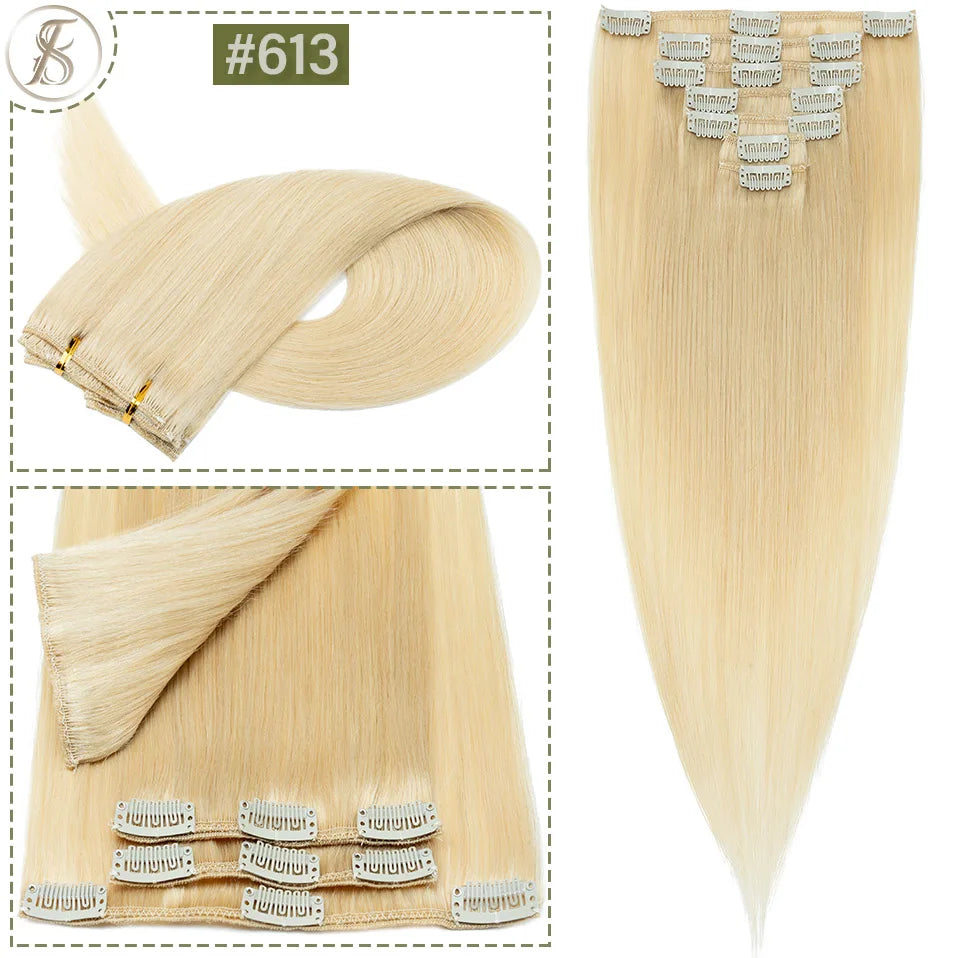 TESS 7Pcs/Set Human Hair Clip In Hair Extensions Natural Extension 14"-24" Full Head Blonde Human Hair Clip Ins Remy Hair Pieces