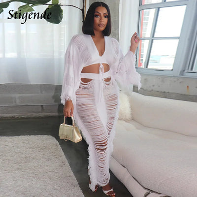 Women Summer Beach 2 Piece Skirt Set Long Sleeve Crop Top and Maxi Skirt Crochet Swimwear Fringe Tassel Hollow Out Loose Outfits