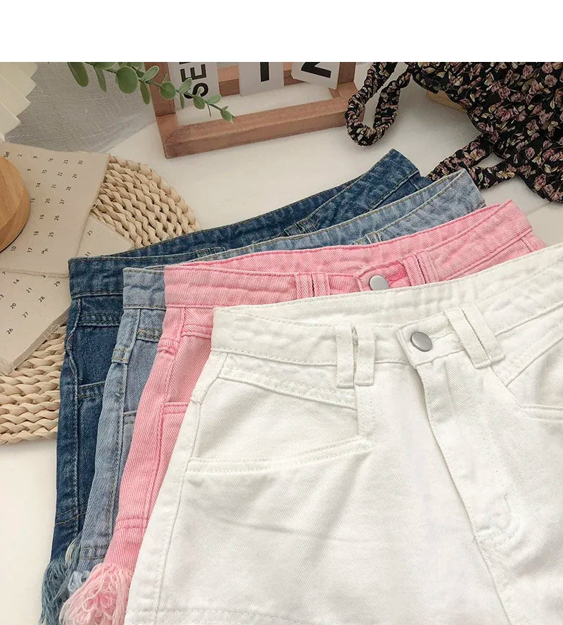 ITOOLIN Women Vintage Tassels Denim Shorts Button Loose High Waist A-line Jean Shorts Casual Women Office Trousers Streetwear