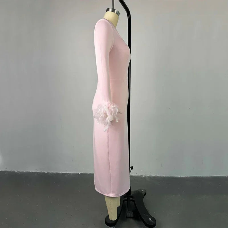 New Arrival Women Sexy High Waisted Long Sleeve Feather Trim Split Bandage Dress OL 2025 Elegant Evening Club Party Dresses