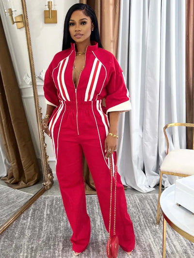 Beyprern Bragging Rights Jumpsuit For Women Runway Short Sleeve Zipper Front Striped Jumpsuit Fitted Romper Club Overalls Outfit