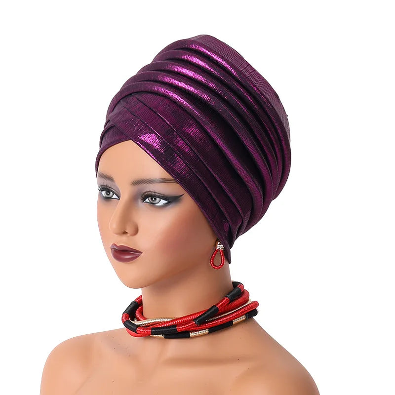 African Women's Auto Gele Headtie Nigeria Lady Pleated Head Wraps Muslim Headscarf Bonnet Turbante Mujer