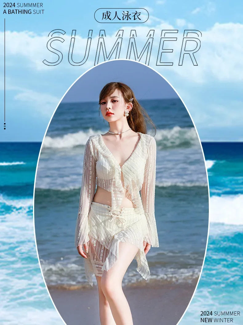 Bikini Sets Women Long Sleeve Irregular Three Pieces Lace-up Summer Sun-proof Vintage European Style Sexy Swimwear Beach Outfit