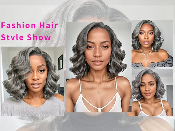 Salt and Pepper Loose Wave Lace Front Bob Wig Human Hair Side Part  5x5 HD Closure Lace Wig Ready To for Black Women