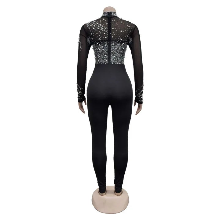 Elegant Women Jumpsuit Streetwear 2024 Spring Fashion Versatile Casual Solid Color Hot Diamond Long Sleeve Jump Suits for Female