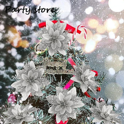 Silver Glitter Christmas Flowers Silver Xmas Tree Artifical Flower Ornaments Merry Christmas Decoration For Home Party New Year
