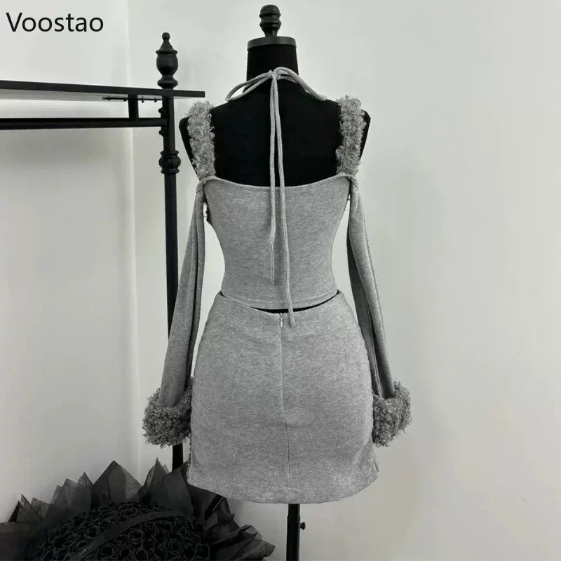 Sweet Sexy Irregular 2 Piece Set Women Chic Plush Patchwork Slim Tops Mini Skirt Suit Korean Y2k Aesthetic Lolita Style Outifits
