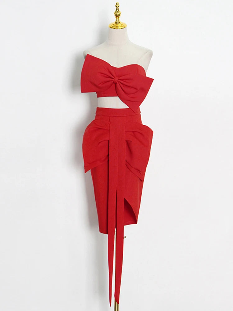 VGH Strapless Slim Solid Sets For Women Sleeveless High Waist Patchwork Bow Top Irregular Sexy Mini Two Piece Set Female Clothes