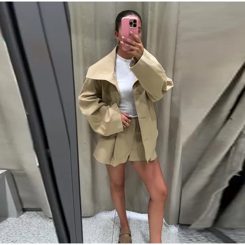 Fashion Belt Short Trench Coat Women Stand Collar Double Breasted Pocket Long Sleeve Coats 2025 Autumn Lady Commute Chic Outwear