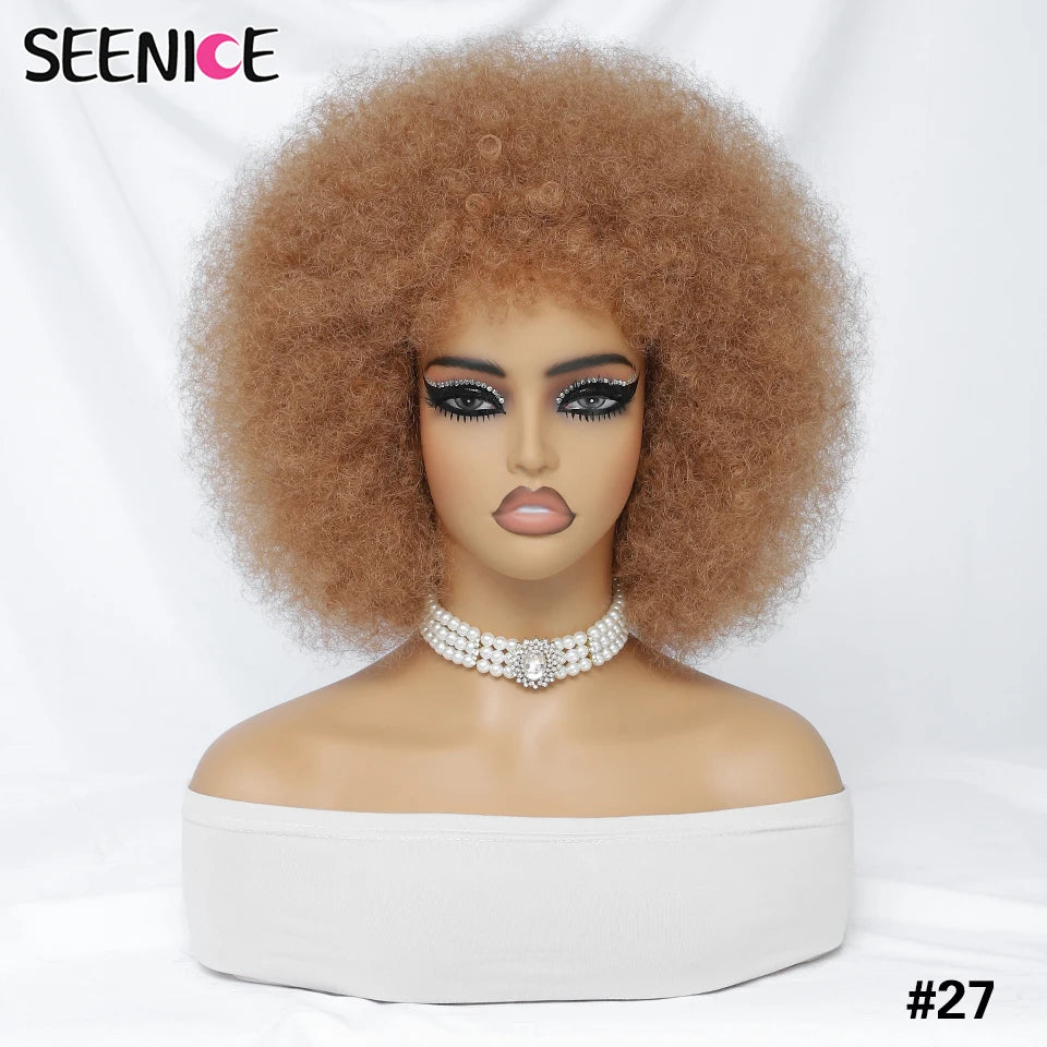 Short Afro Wigs for Black Women Blonde 10" Afro Curly Wig With Bangs 70s Bouncy Natural Synthetic Female Wigs for Party Cosplay