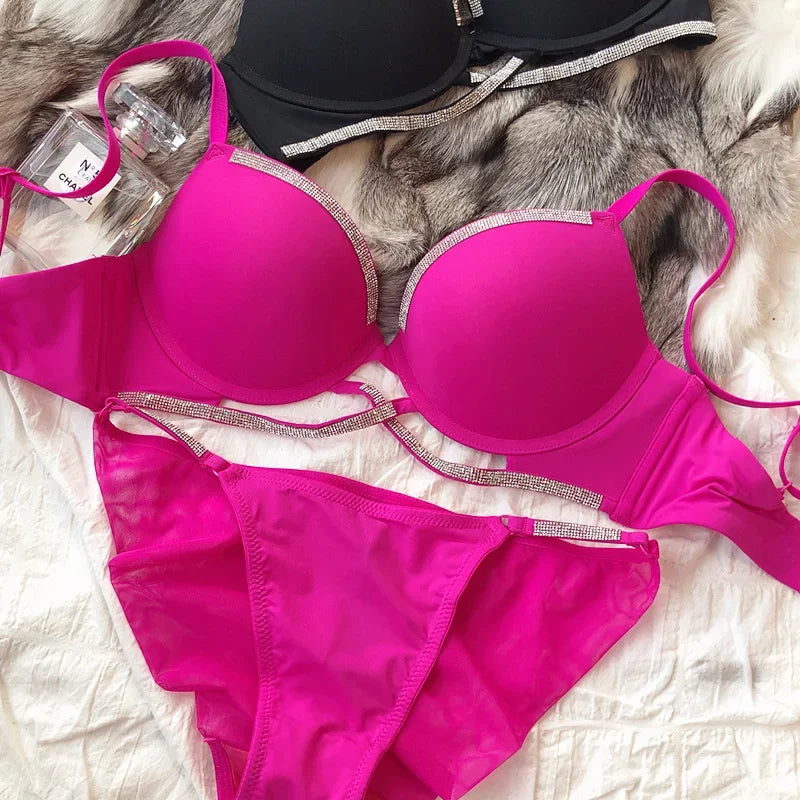 2 Pieces Sexy Underwear Set for Women Classic Cross Hollow Bra Sparkle Rhinestones Lingerie Deep V Push Up Brassiere Set