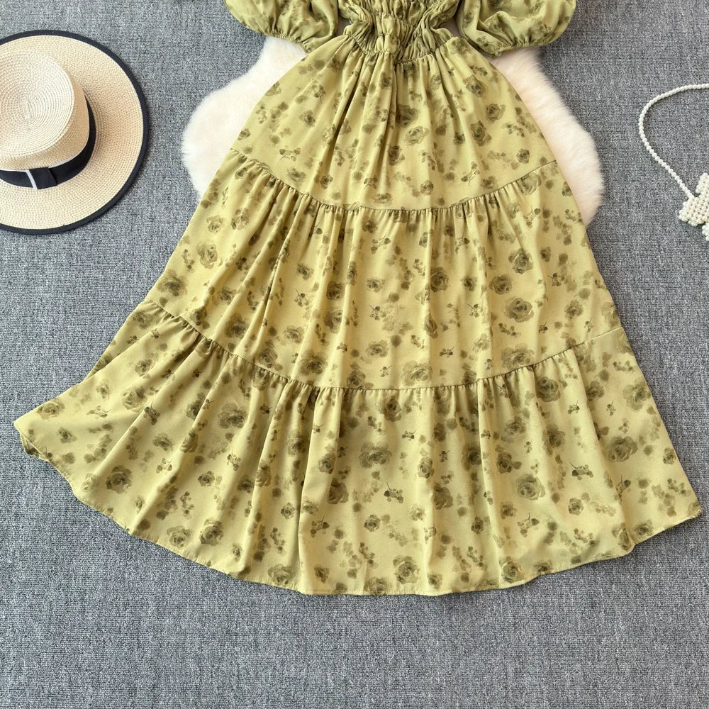 2024 New Summer Flower Print Long Dress Women Vintage Square Neck Ruched Chest Sash Bandage Sundress Party Vestidos
