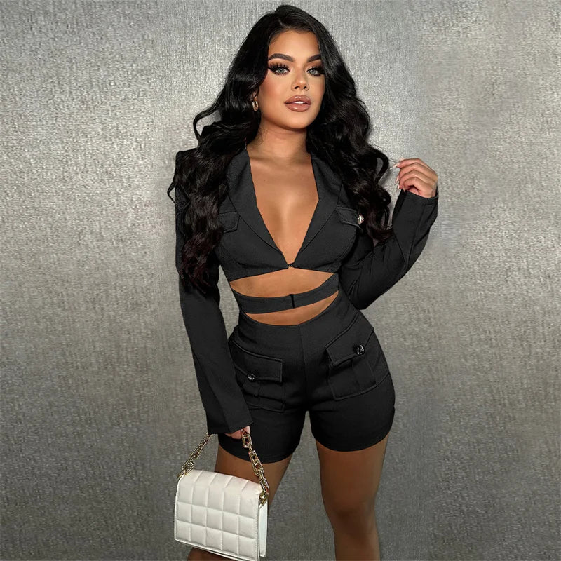 Elegant Stylish Blazer Style Rompers Womens Jumpsuit Shorts Long Sleeve Hollow Out Bodycon Playsuit One Pieces Club Outfits