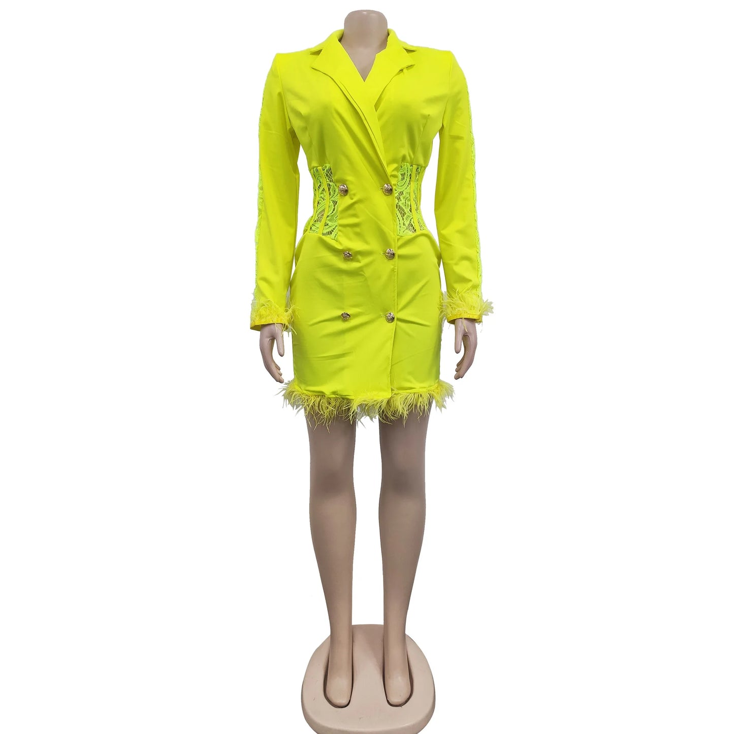 FANAN Elegant Women Double Breasted Tassel Hem and Long Sleeve Notched Collar Lace Waist Patchwork Blazer Dress Vestidos 2022