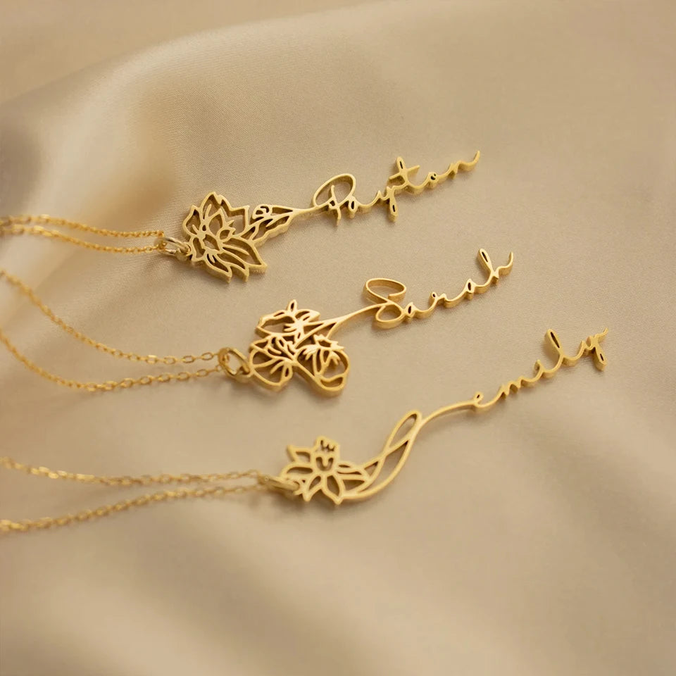 eManco Custom Birth Month Botanical Flower Pendant Stainless Steel Gold Plated Personalized Name Necklace Women's Accessories