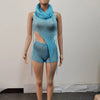 Joskaa Sequins Knit Beach 3 Piece Sets Women Sexy Backless Halter Irregular Top+Head Scarf+Shorts Matching Set Vacation Outfits