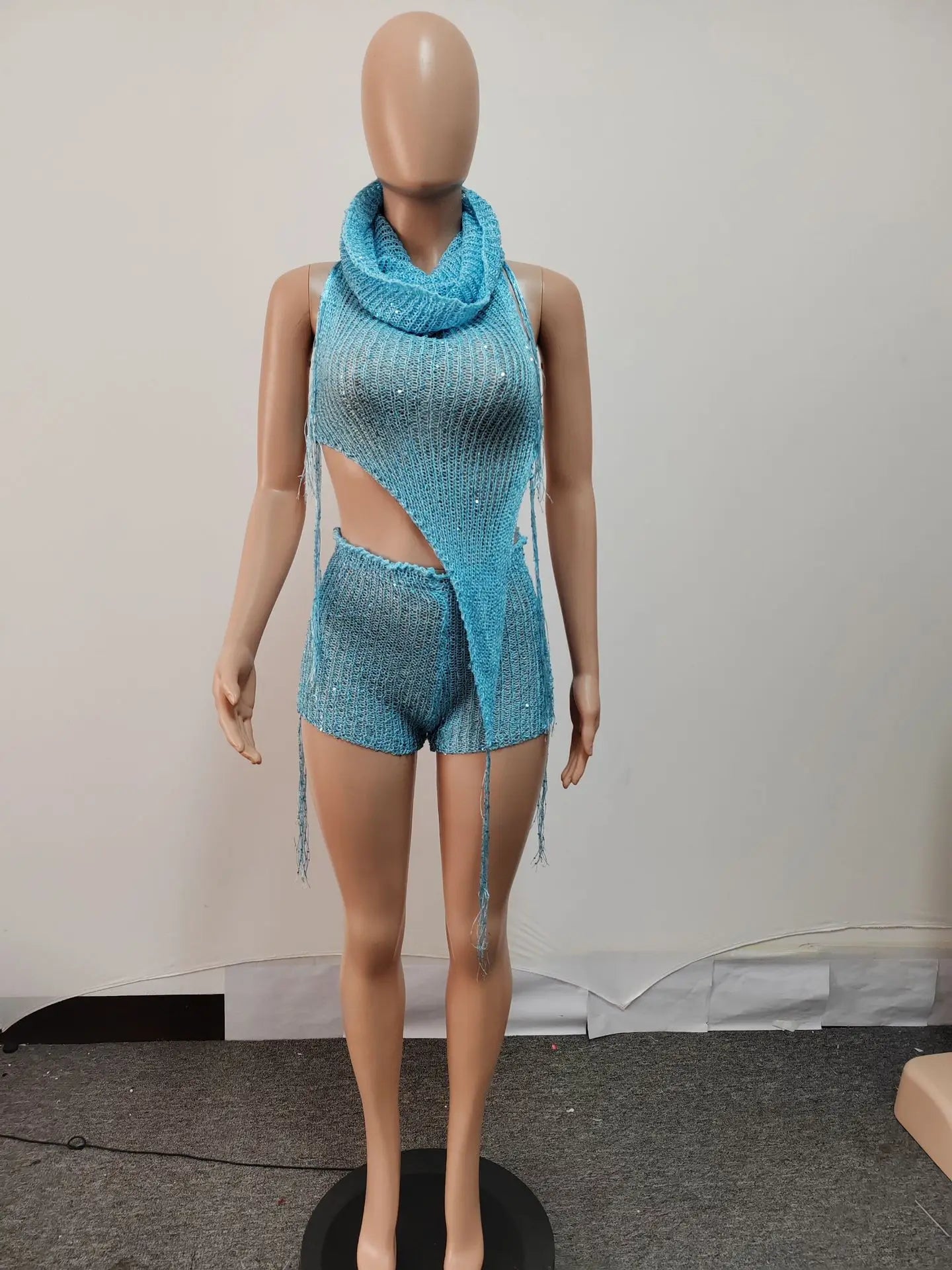 Joskaa Sequins Knit Beach 3 Piece Sets Women Sexy Backless Halter Irregular Top+Head Scarf+Shorts Matching Set Vacation Outfits