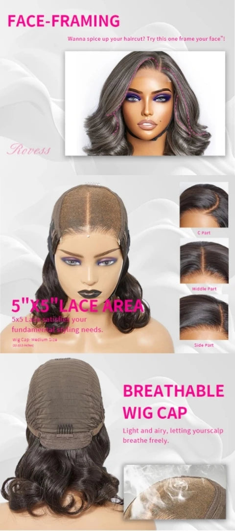 Salt and Pepper Loose Wave Lace Front Bob Wig Human Hair Side Part  5x5 HD Closure Lace Wig Ready To for Black Women