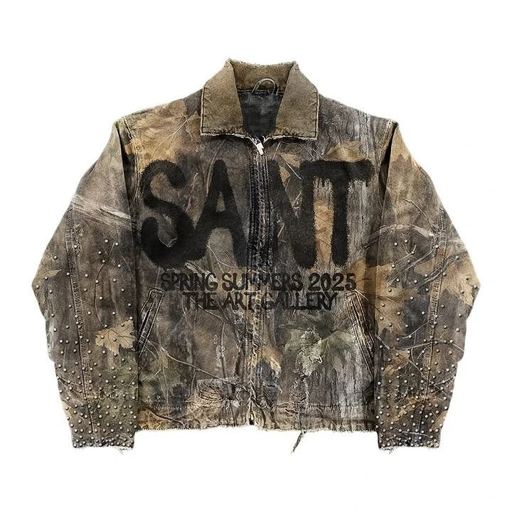 Vintage Leaves Camouflage Jeans Jacket Two Piece Set Y2K Suit Men Letters Rhinestone Sequins Oversized Coat Baggy Jeans Clothing