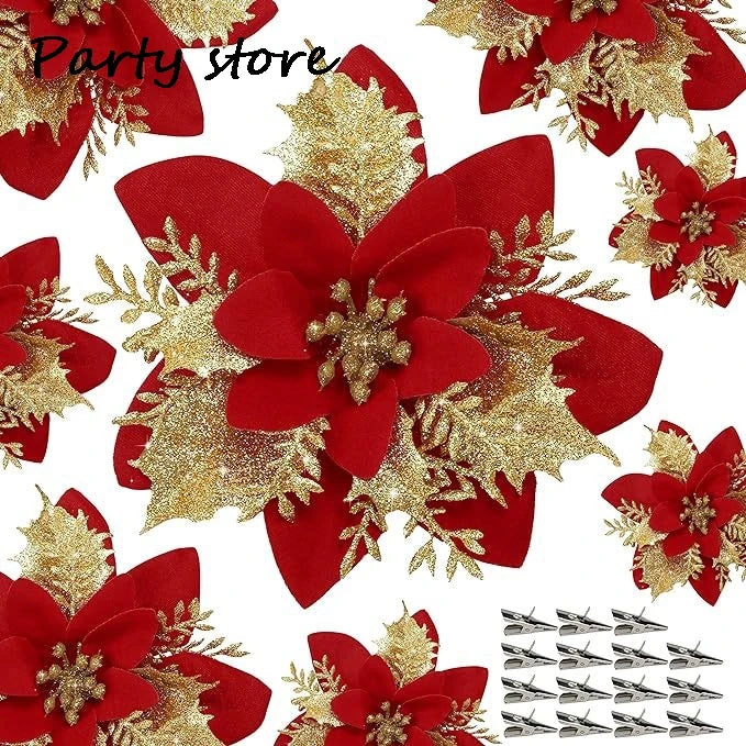 Silver Glitter Christmas Flowers Silver Xmas Tree Artifical Flower Ornaments Merry Christmas Decoration For Home Party New Year