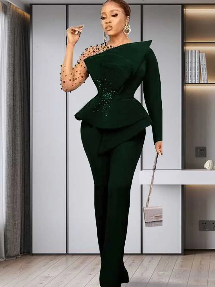 Spring 2 Pieces Set for Woman Pearl Top with Sleeves Pants Suit Women Outfit Elegant Classy Evening Wholesale Dropshipping