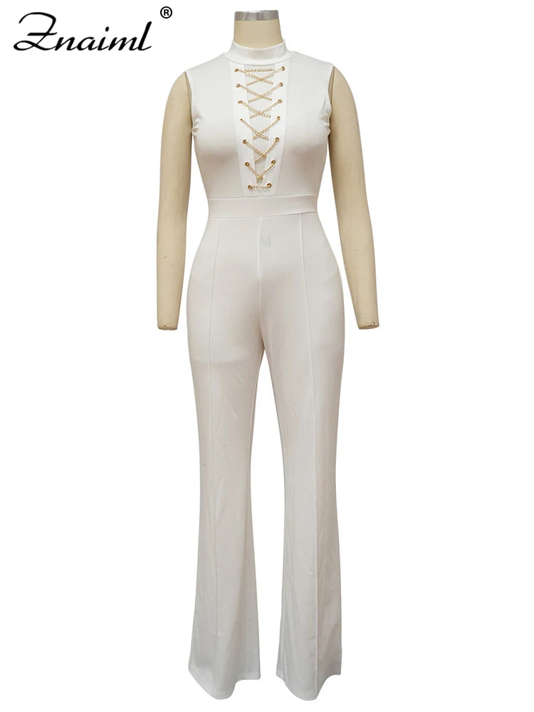 Znaiml Office Lady Jumpsuit High Waist Elegant Black One Pieces Chain Short Sleeve Straight Wide Leg Romper Birthday Overalls