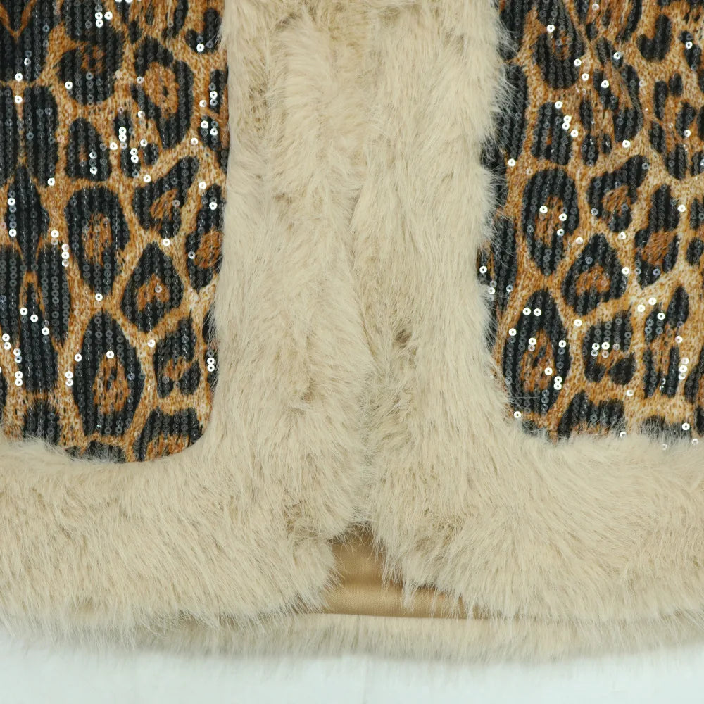 CM.YAYA Women's Set Sleeveless Fur Leopard Sequined V-neck Wool Vest and Pant Suits 2024 Street Two 2 Piece Set Outfit Tracksuit