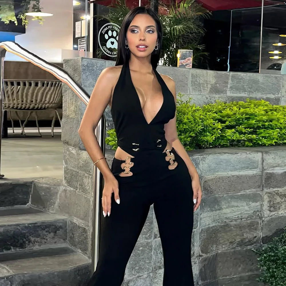 CM.YAYA Women V-Neck Backless Straight Sleeveless Flare Jumpsuits 2025 Summer Hollow Out Sexy One Piece Set Streetwear Outfits