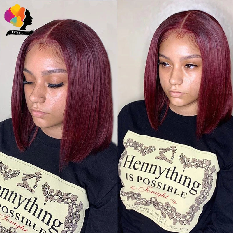 Burgundy Bob Wig Lace Front Human Hair Wigs Pre-Plucked 99J Red Blonde Colored Straight Human Hair Wigs 13x1 Lace Front Wig