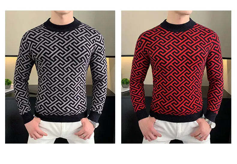 Autumn Winter Velvet Knitted Sweater Men's Long Sleeve Round Necked Sweater Slim Fit Casual Business Knitwear Tops Men Clothing