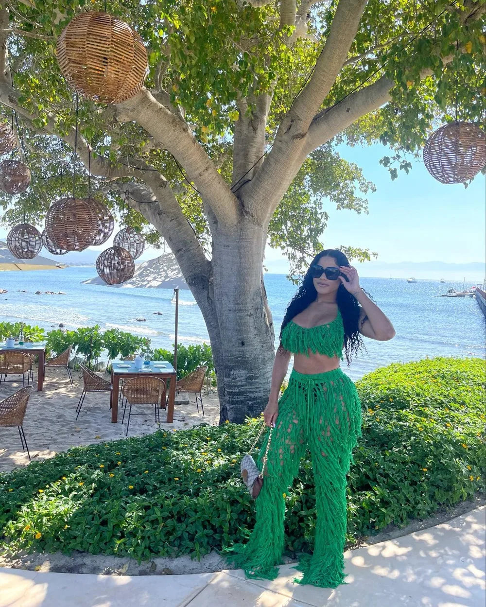 FAGADOER Sexy Hollow Out Tassels Pants Two Piece Sets Women Halter Sleeveless Backless Crop Top + Pants Outfit Female Streetwear