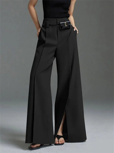 Yeezzi Urban Female Suit Pants 2025 New Fashion Black White Color Loose Straight Pant High-Waisted Pleated Split-Front Trousers