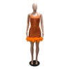 Bodycon Women Backless Lace Up Halter See Through Sequins Mesh Patchwork Sexy Party Dress Feather Hem Fashion Night Club Dress