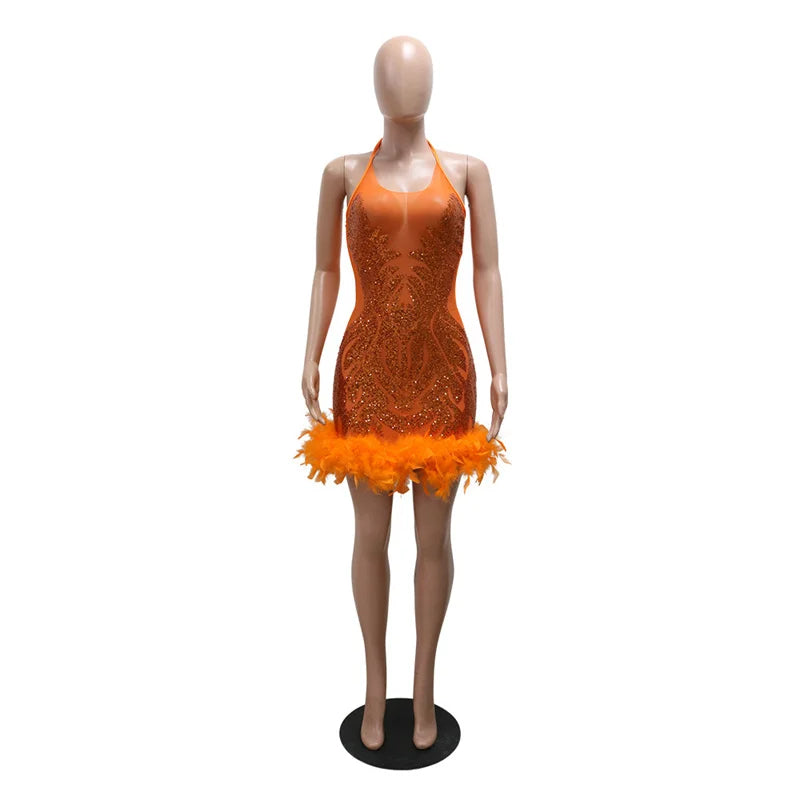 Bodycon Women Backless Lace Up Halter See Through Sequins Mesh Patchwork Sexy Party Dress Feather Hem Fashion Night Club Dress