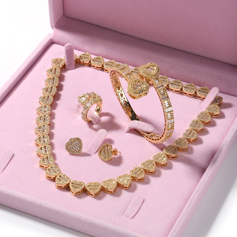 THE BLING KING Lovely Jewelry Set For Women Heart Shaped Chain Necklace Adjustable Heart Bracelet Open Heart Ring Heart Earring