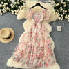 Elegant Slash Neck Vintage Short Puff Sleeve Chic Print Slim Chiffon Dresses French High Street Evening Autumn Mesh Clothing