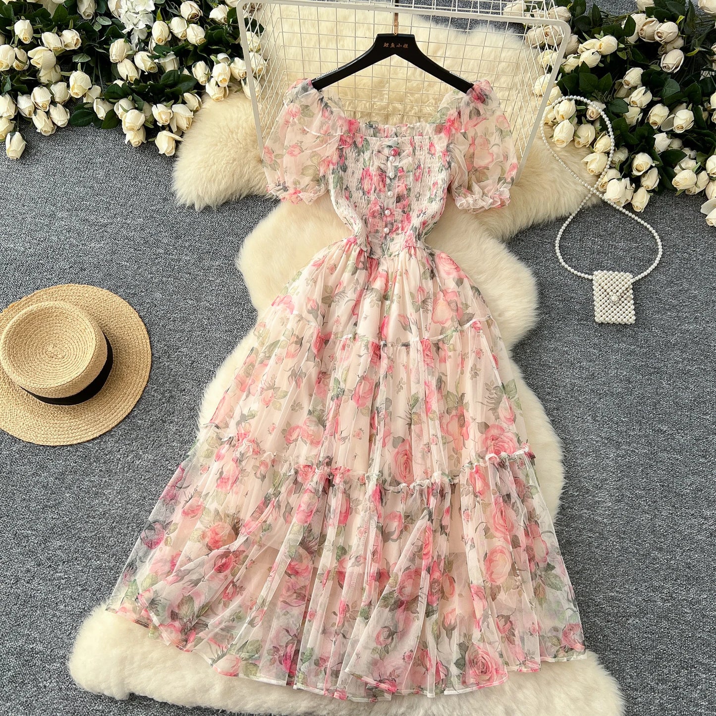 Elegant Slash Neck Vintage Short Puff Sleeve Chic Print Slim Chiffon Dresses French High Street Evening Autumn Mesh Clothing