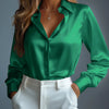 Women's Satin Shirts Elegant Plain Long Sleeve Blouse Office Lady Button-Up Shirt Top Female Crew Neck Shirts Blouse 2025 Autumn