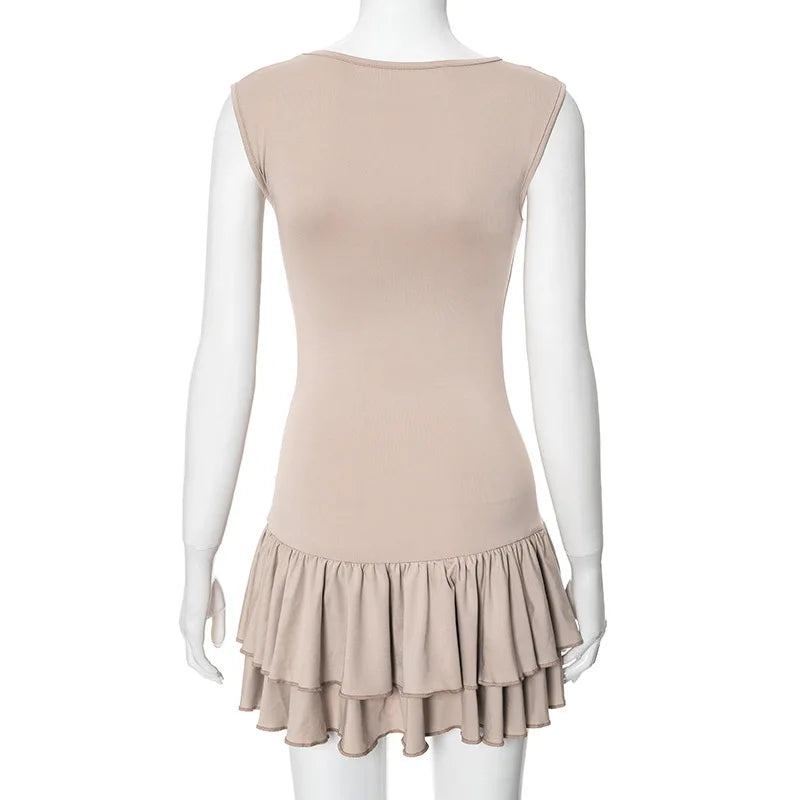 Women's Solid Pleated Short Dress Sleeveless O-neck Fashion Elegant Simple Mini Bodycon Dresses Slim Street Casual Party Holiday