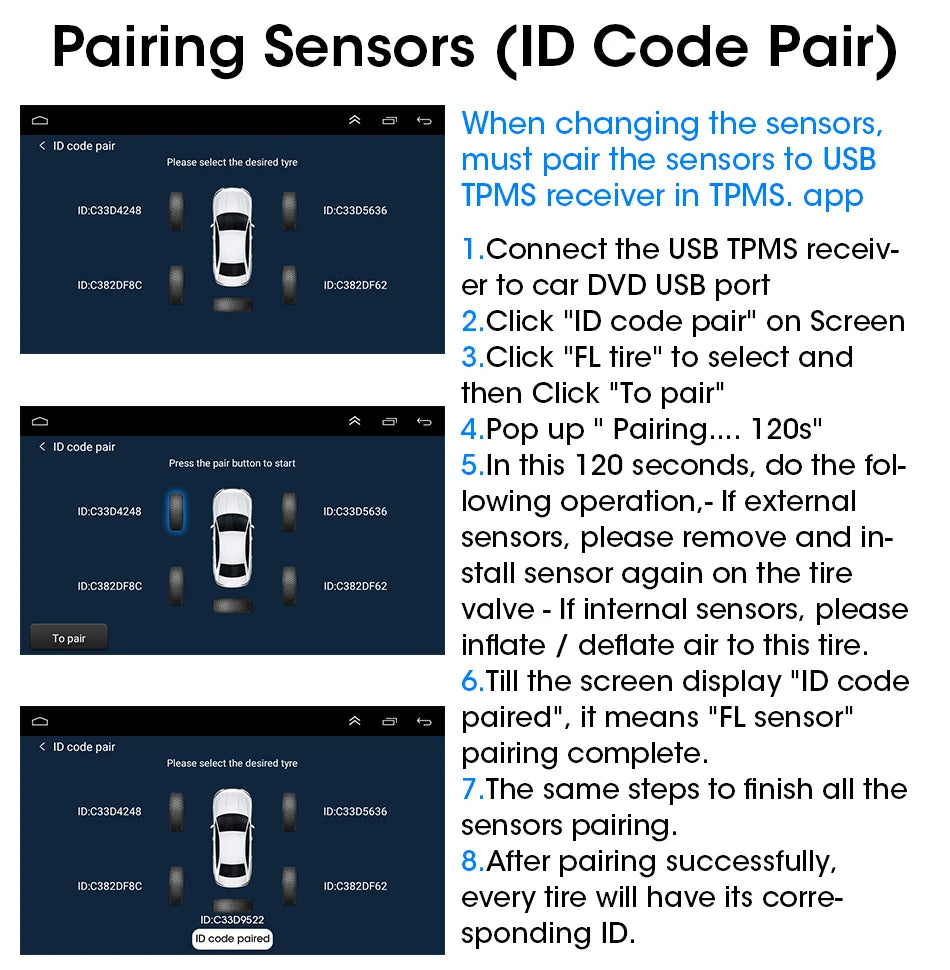 JMCQ USB Android TPMS Tire Pressure Monitoring System Display Alarm System Internal External 5 Sensors For Car Navigation Radio