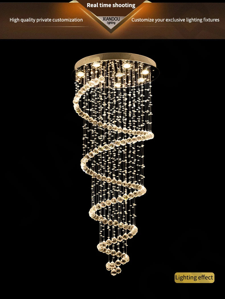 Staircase Long Pendant Lamp, Villa Lamp, Crystal Hanging Line Lamp, Duplex Living Room Spiral Lamp, Glass Romantic Decorative La