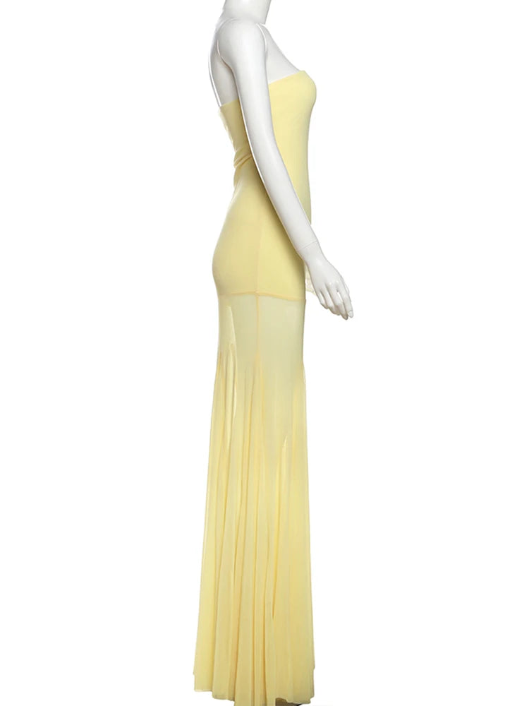 Weird Puss Patchwork See Through Dress Women Elegant Solid Pleated Strapless Sleeveless Backless Slim Banquet Party Vestidos