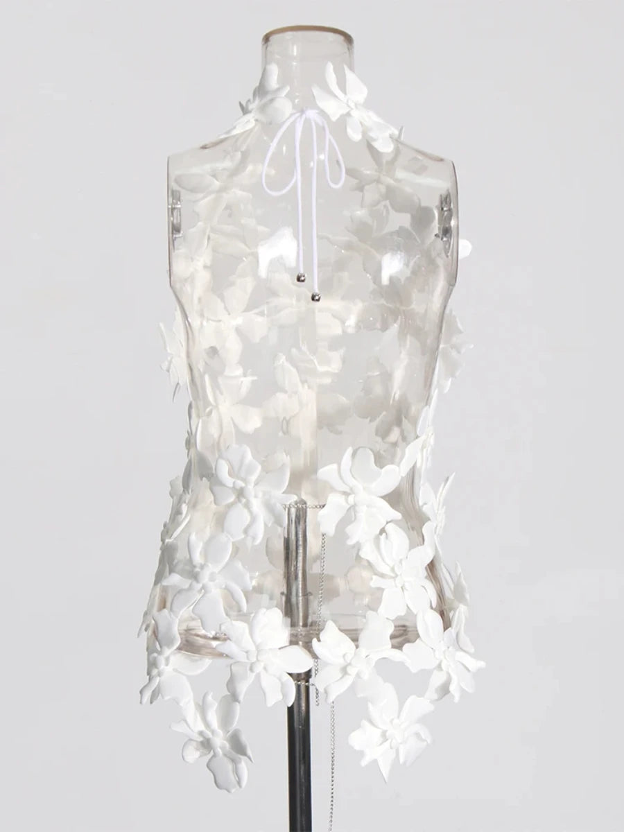 VGH Spliced 3D Flower Cutout Sexy Vest for Women Halter Sleeveless Backless Off Shoulder Patchwork Lace Up Summer Top Female new