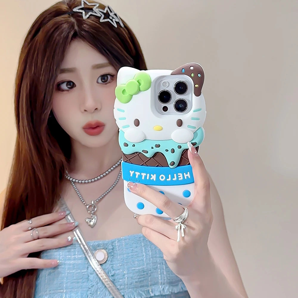 Cute 3D Ice Cream Sanrios Hello Kitty Phone Case for IPhone 15 14 13 12 11 Pro Max Drop-resistant Soft Silicone Back Cover Gift