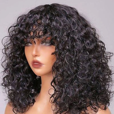 Fringe Bang Wig With Deep Wave Human Hair Water Wave Natural  Deep Curly Brazilian Hair Wigs 180% Density For Women