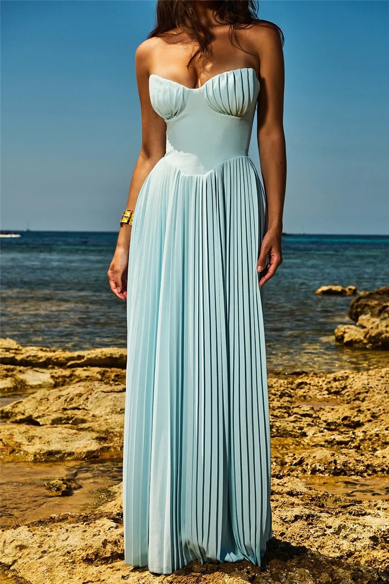 Mozision Off-shoulder Backless Pleated Maxi Dress For Women Fashion Strapless Sleeveless High Waist Bodycon Sexy Long Dress